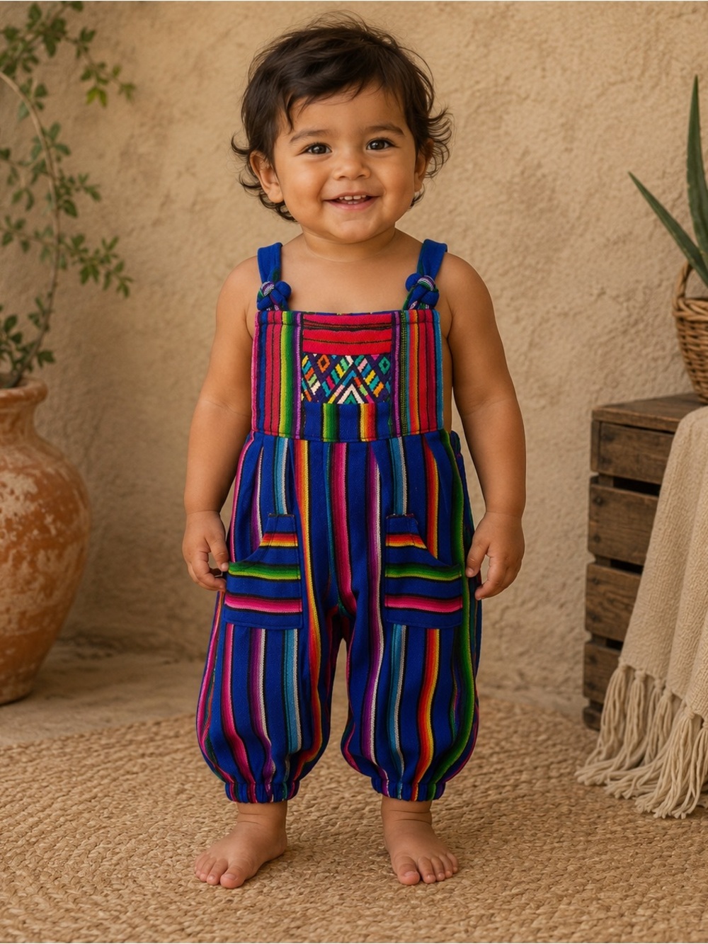 Kids Multicolor Striped Romper Jumpsuit - Bright Blue & Rainbow